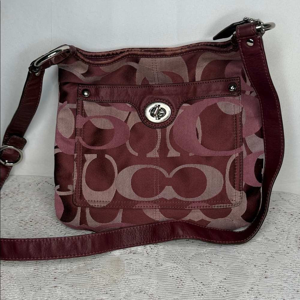 Coach Penelope signature plum purple sateen leather crossbody shoulder bag